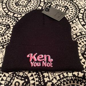 NWT David and Young Barbie Stocking Hat “Ken You Not” in Black w/ Pink Lettering